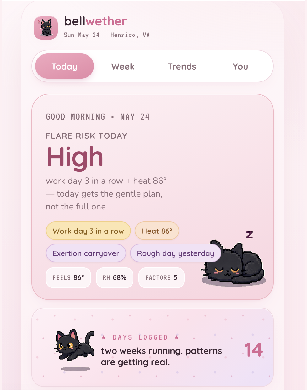 Bellwether — Today view with flare risk score
